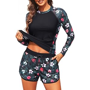 Daci Women Long Sleeve Rash Guard Set with Pockets | High Waisted Swim Shorts, UPF 50+ Sun Protection, Secure Cup Support, Qu