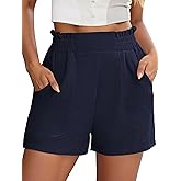 NILOINE Womens Casual Elastic Waist Shorts High Waisted Wide Leg Lightweight Beach Shorts with Pockets