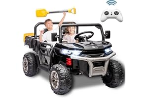 UXENAFANA 24V 2 Seater Kids Ride on Car Truck, Ride On UTV with 2x200W Motor Ride On Dump Truck, Ride On Car with Dump Bed/Shovel, Electric Vehicle with Rubber Tires, LED Light, Music, Remote Control, Black