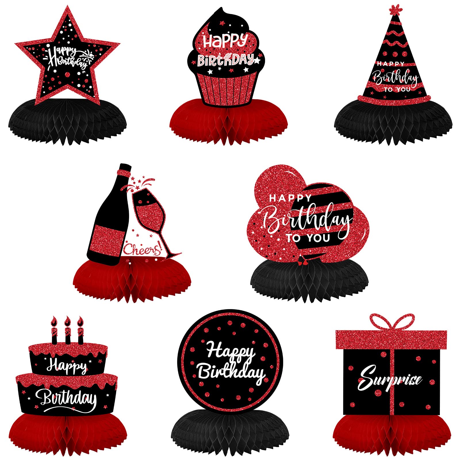 Photo 1 of Glenmal 9 Pcs Red and Black Happy Birthday Decorations Table Honeycomb Centerpieces Red and Black Party Table Decorations Sign for Women Men 30th 40th 50th 60th