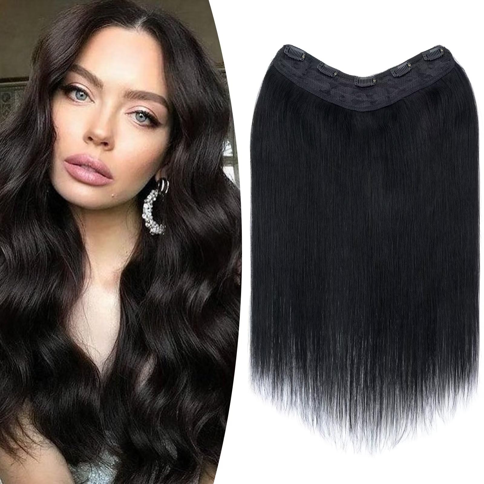 TESS Clip In Hair Extension 14 Inch,Hair Extensions Real Human Hair One Peice U-Shaped Straight Hairpieces for Women/Ladies/Girls(#1 Jet Black,14Inch) — image 1