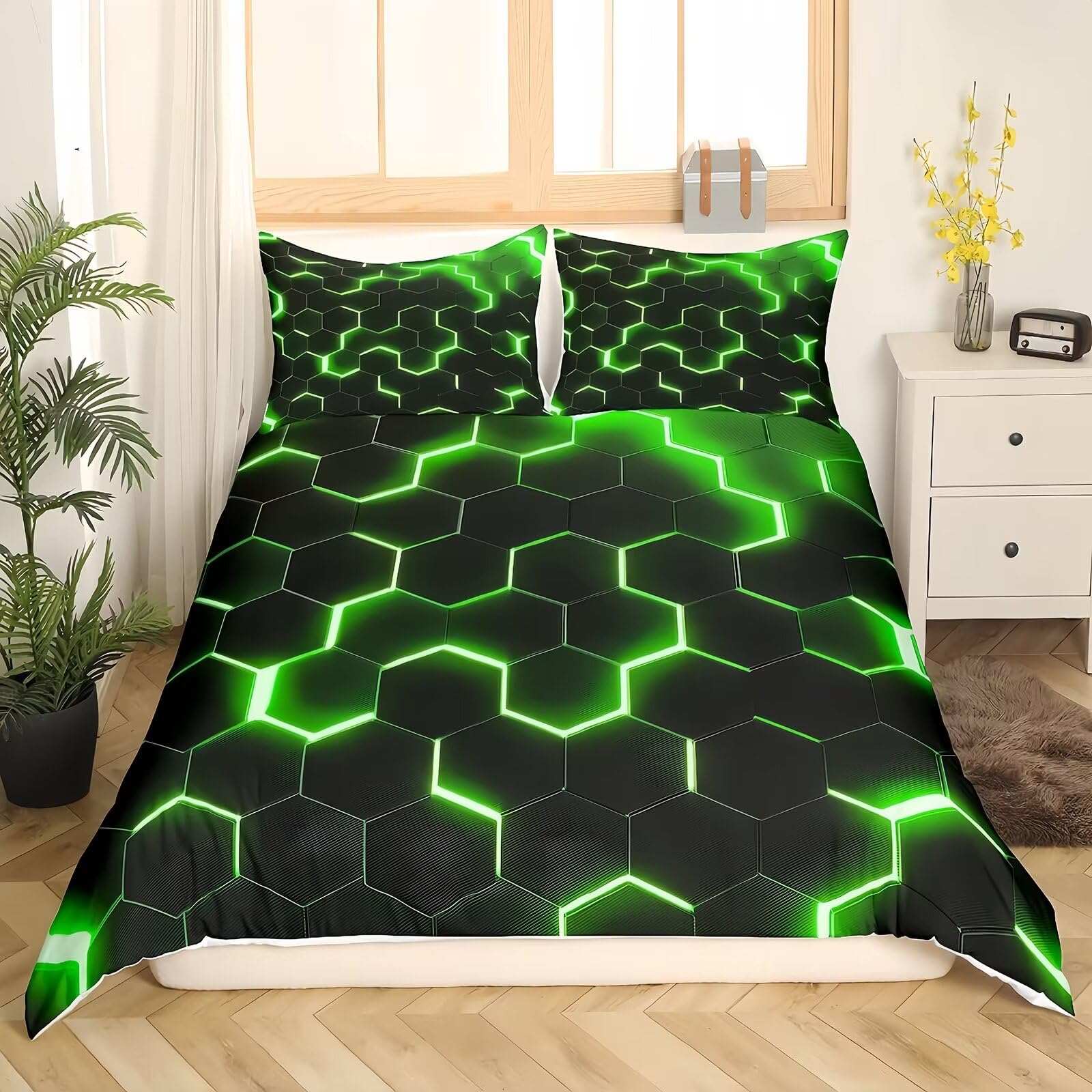 Tabeskly Boy Hexagon geometry Bedding Duvet Covers Set Double, Kids Graffiti Soft Zipper Childrens Full Bed 3 Piece Quilt Covers and Pillowcases Black Green 200×200cm