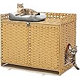 Cat Litter Box Enclosure with 2 Litter Mats for Dust Control, Litter Box Hideaway, Hidden Cat Box Furniture, Cat Box Enclosure, Handwoven Rattan Cat House with Three-Sided Fenced Top (Natural)