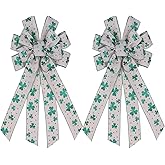 Large St Patricks Day Bow for Wreath Decorations 2PCS St Patricks Day Tree Topper Bows, Green Shamrock Tree Topper Bow for Holiday Decoration Front Door Indoor Outdoor