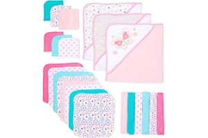 Spasilk Bath Hooded Towels & Washcloths Set for Babies, 23-Piece Gift Set, White Butterfly