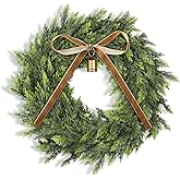 Dingion 12" Real Touch Christmas Cedar Wreath Realistic Artificial Cedar Wreaths for Front Door Small Fake Pine Cypress Wreaths with Cow Bell Velvet Ribbon for Xmas Holiday Outdoor Indoor Home Decor