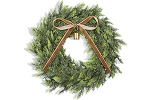 Dingion 12" Real Touch Christmas Cedar Wreath Realistic Artificial Cedar Wreaths for Front Door Small Fake Pine Cypress Wreaths with Cow Bell Velvet Ribbon for Xmas Holiday Outdoor Indoor Home Decor