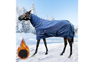XUANNIAO Waterproof Horse Turnout Blanket - Medium Weight Winter Blanket (220g Fill) with Detachable Neck Cover - Blue - 78 in