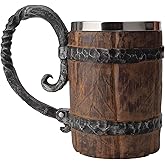YOUOIVIA Wooden Barrel Beer Mug, Wood Bucket Style Beer Stein with Handle, Stainless Steel Double Wall Tankard Cocktail Mug for Bar Restaurant, Vintage Restaurant Renaissance Accessories (18 oz)