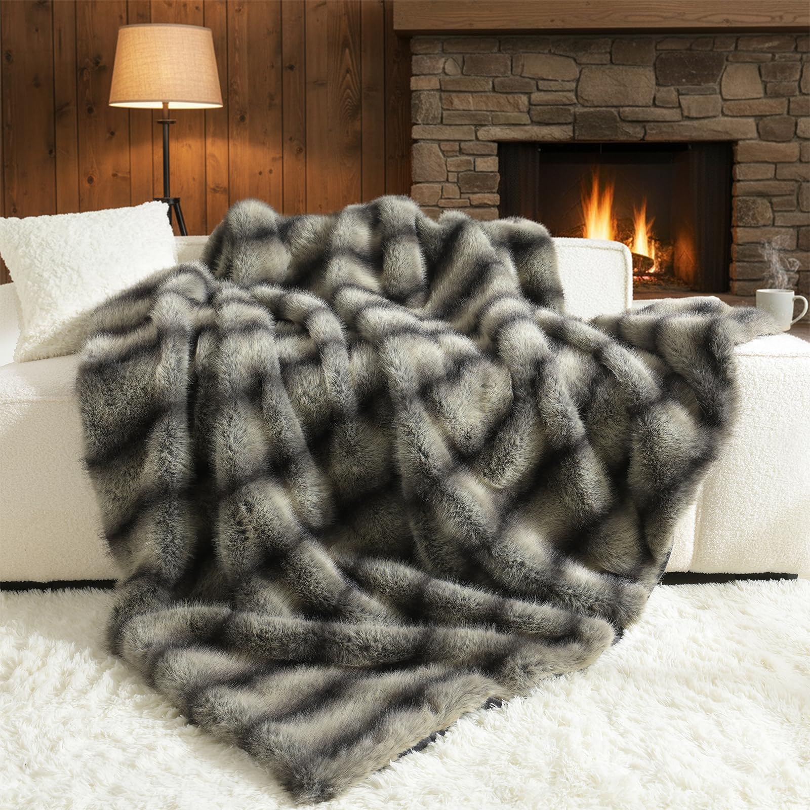 HORIMOTE HOME Luxury Faux Fur Throw Blanket, Non-Shedding 50"x60" Fur Blanket Throw, Ultra Soft Blankets for Bed, Couch and Sofa, Premium Soft, Thick Fluffy Throws, Grey Black Stripes Image