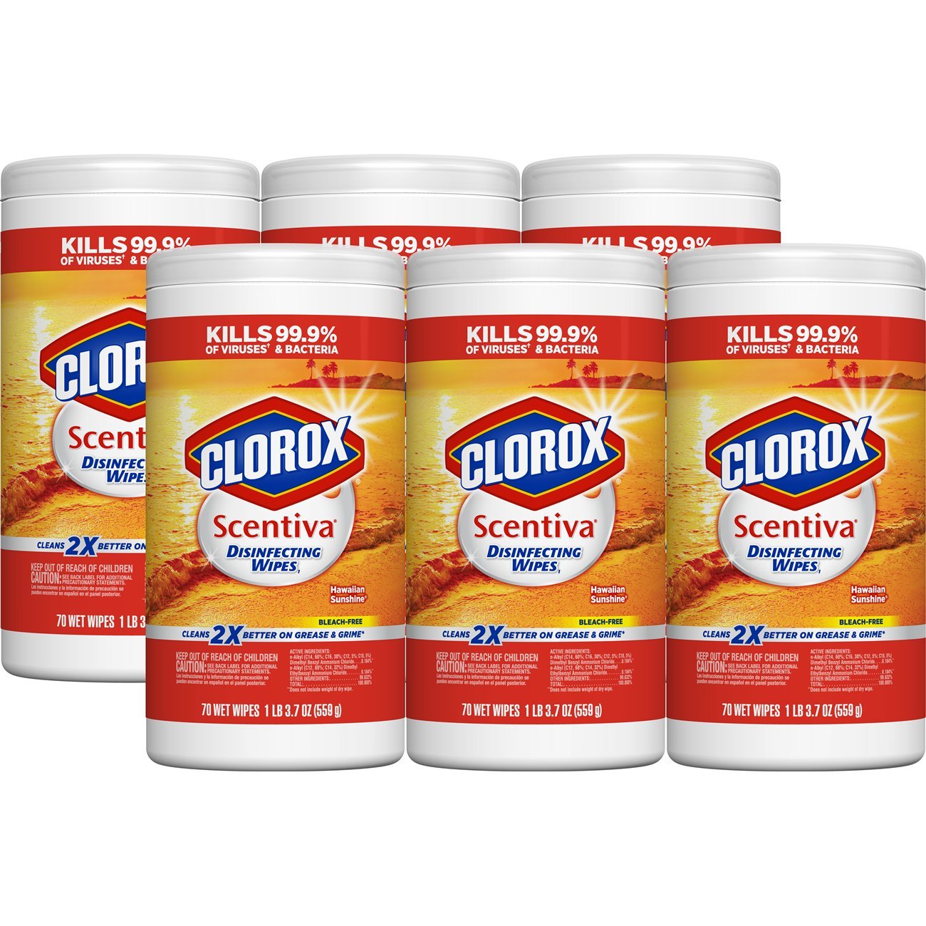Home 70 Wipes 31767 Pacific Breeze and Coconut Clorox Scentiva Disinfecting Wipes 6 Canisters