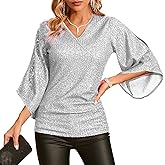 Sequin Tops for Women 3/4 Sleeve Blouse for Women Dressy Sparkly Tops V Neck Outfits for Party Glitter Tops