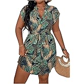 WDIRARA Women's Plus Size Tropical Print Dress Notch Neck Cap Sleeve Boho Dresses with Belt