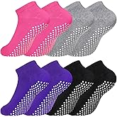 SkiBeaut Pilates Grips Women Socks, 4 Pairs Non Slip Yoga Ballet Dance Sticky Hospital Home Socks with Grippers for Woman