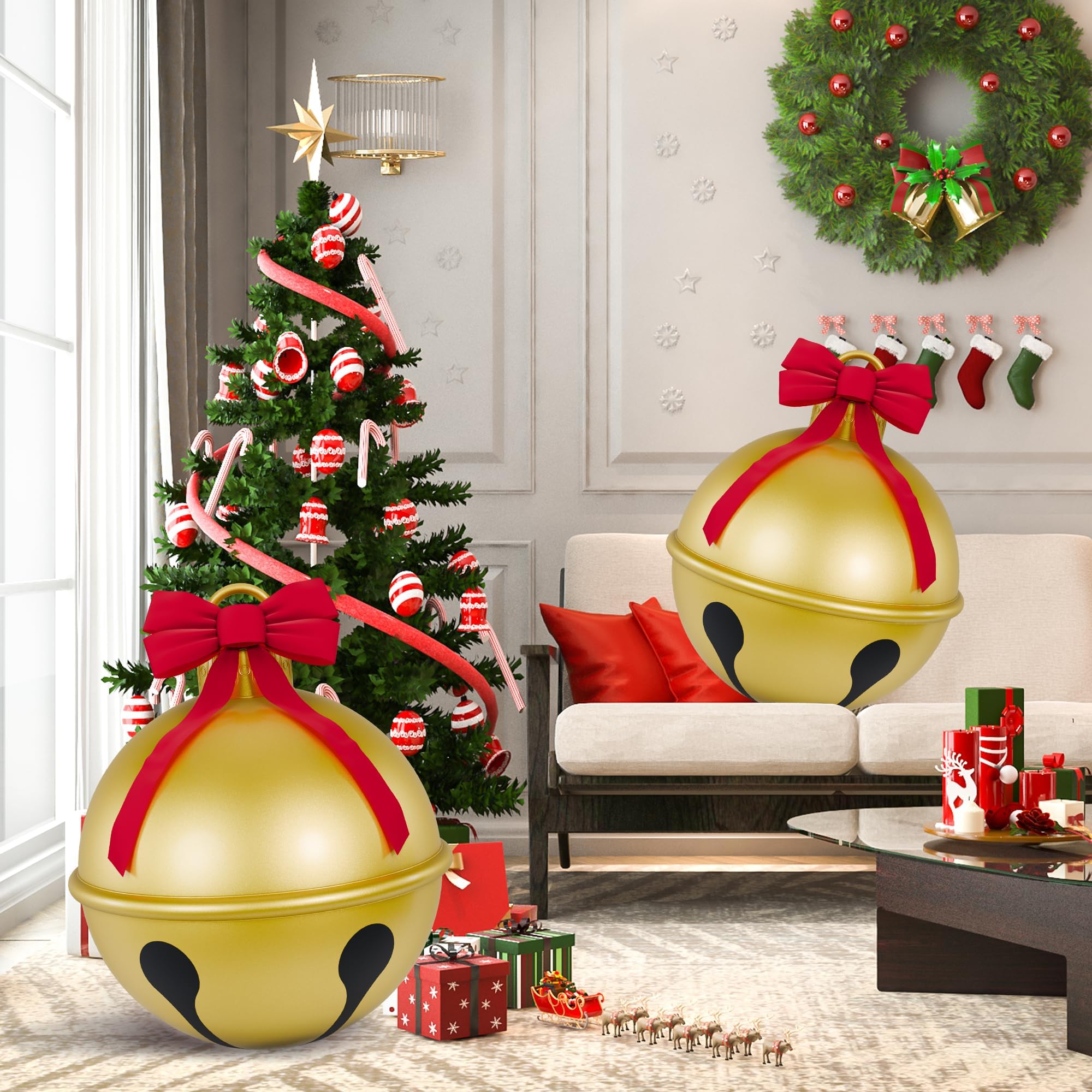 Photo 1 of 2 Pcs Gold Bell Giant Inflatable Christmas Balls, 24 Inch Big Outdoor Christmas Decoration, Giant Inflatable Ornaments Large Xmas Ornaments Outside Holiday Yard Lawn Decor (Bell)