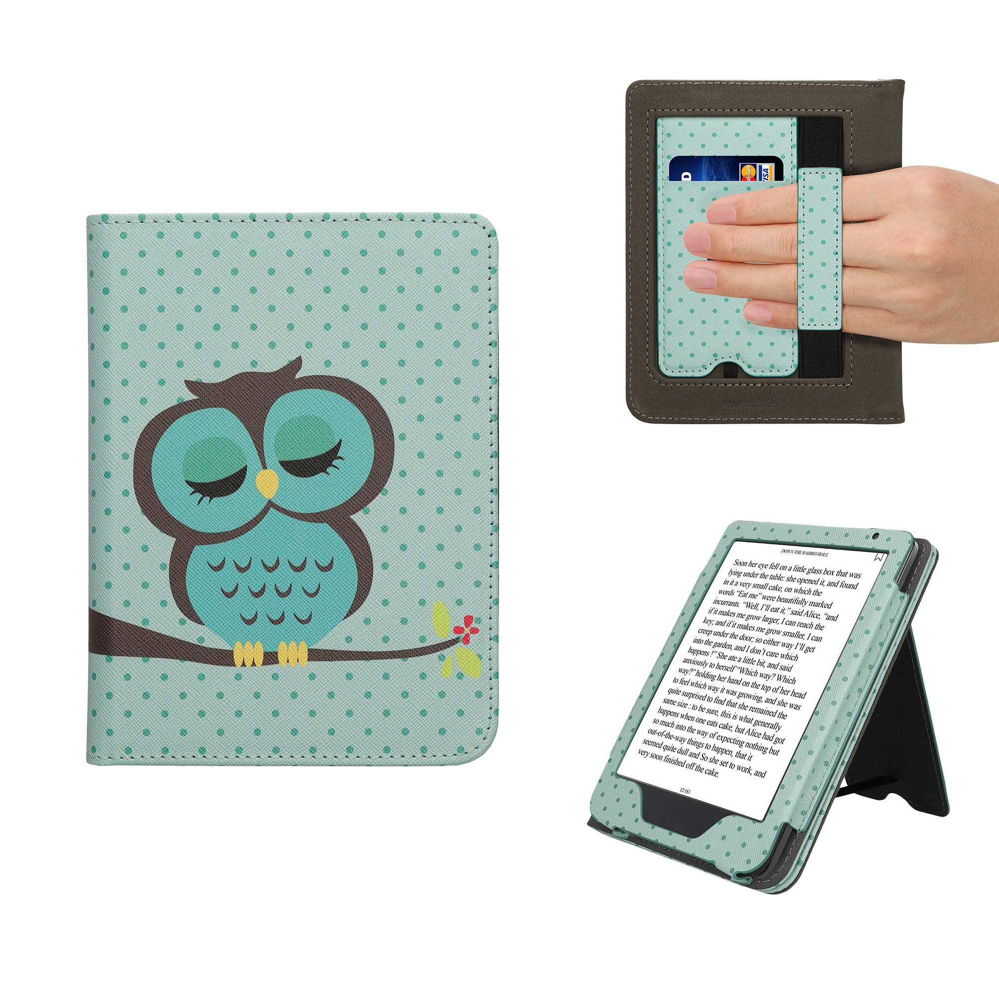 kwmobile Case Compatible with Kobo Clara BW/Colour - Case PU Leather Cover with Magnet Closure, Stand, Strap, Card Slot - Sleeping Owl Turquoise/Brown/Mint