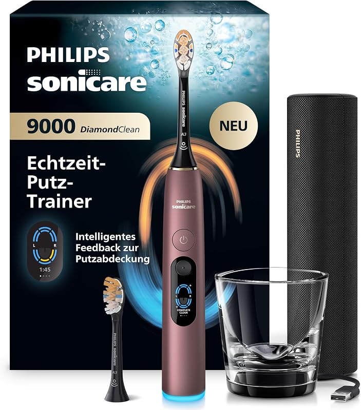 Sonicare Next-Generation DiamondClean 9000 elektrische Zahnbürste - intelligentes Feedback zur Putzabdeckung, intelligente Andruckkontrolle und 21 Einstellungen, Satin-Lila, HX9214/85
