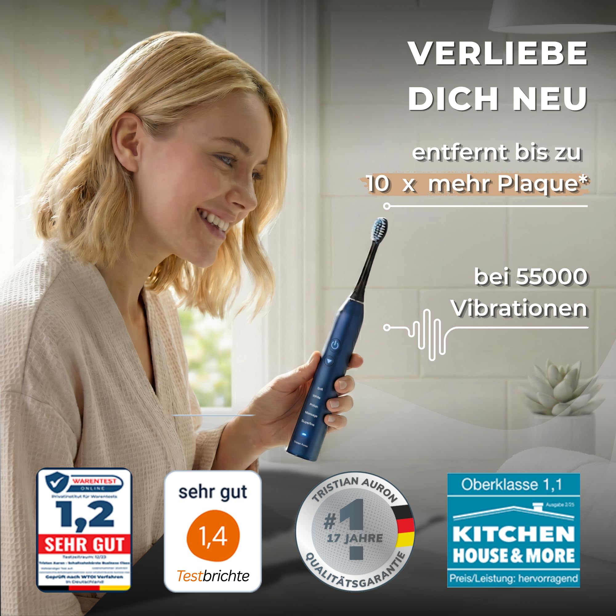 Tristan Auron Schallzahnbürste - Beste Reisezahnbürste 2025-100 Tage risikofrei testen - 55000 Elektrische Schwingungen 5 Programme 60 Tage Batterie mit UV Reiseetui 6 Aufsätze Business Class Blau 5
