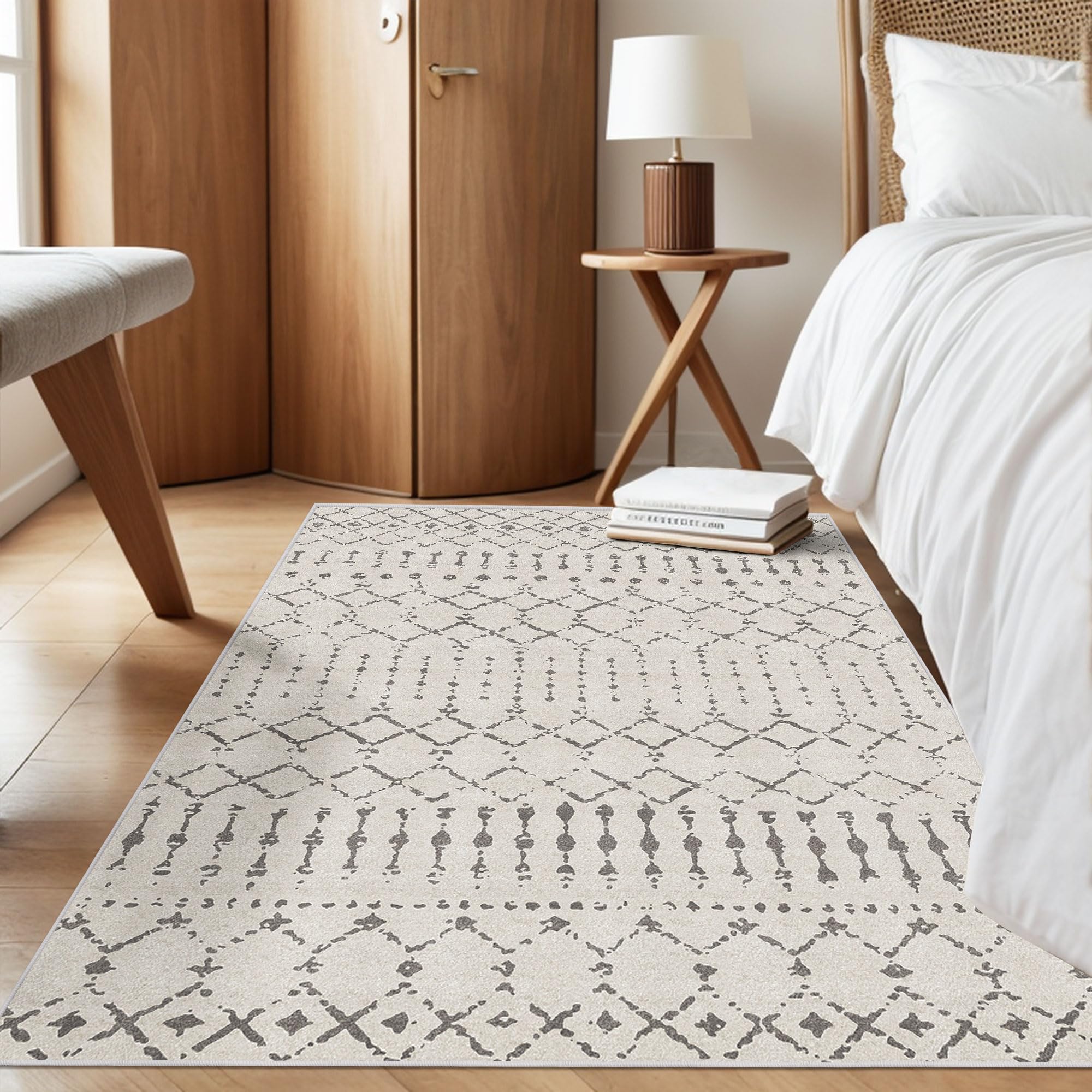 Photo 1 of Deerly 3x5 Rugs Boho Moroccan Farmhouse Machine Washable Rug 3x5 Area Rug Non-Slip, Soft Low Pile Indoor Floor Carpet Neutral Rug for Living Room Kitchen Bedroom, Off White/Grey