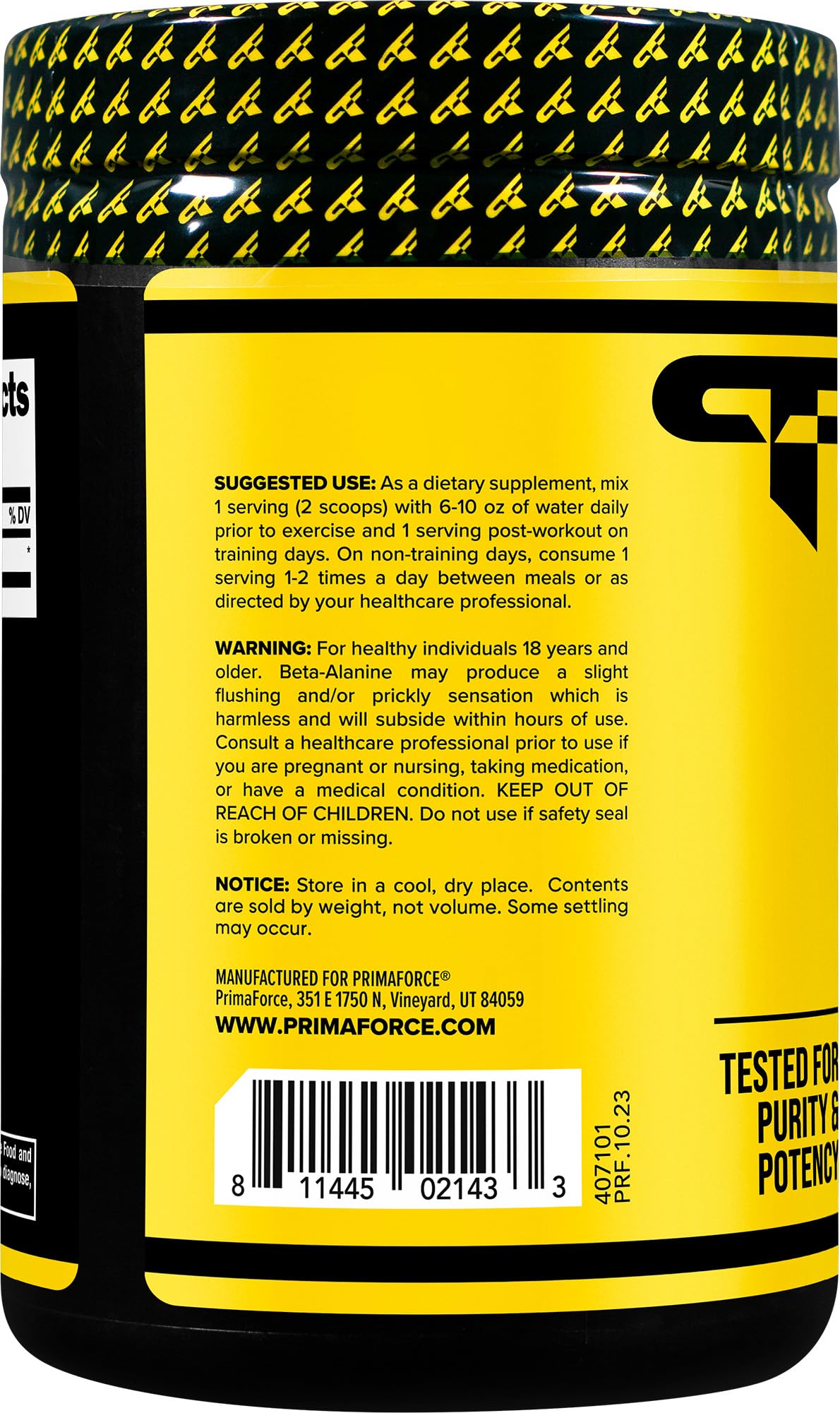 Primaforce Beta Alanine Powder 500 Grams (1.1lbs) Unflavored - Pre Workout and Post Workout Supplement
