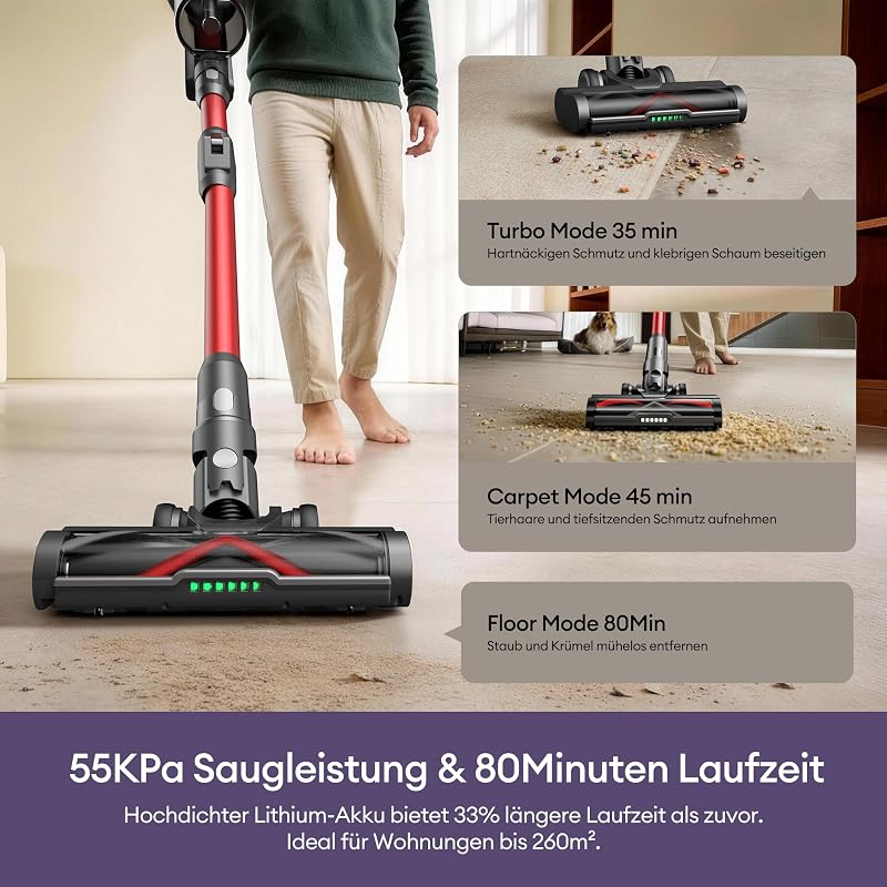 Akku Staubsauger 55000Pa/600W/80Min, 1,6L Staubsauger Kabellos mit Multi-Zyklon-Filtration, Touchscreen, Anti-Tangle-Bürste, Wandladestation, Selbststehend，für Tierhaare/Teppiche/Hartböden,Rot