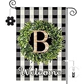 Baccessor Monogram Letter B Garden Flag 12.5 x 18 Inch, Buffalo Plaid Family Last Name Initial Boxwood Wreath Welcome Vertical Double Sided Small Flags for Outdoor Outside Decoration