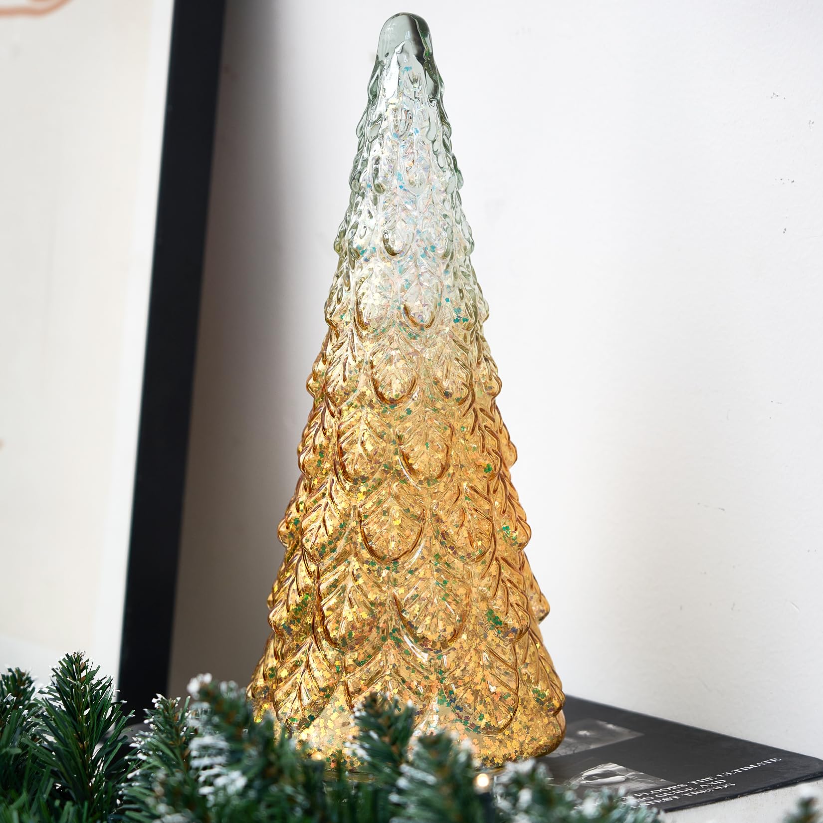 Photo 1 of Lamris Glass Christmas Tree Timer Lighted 12 Inches Gold Xmas Indoor Decorations Table Centerpiece Living Room Fireplace Mantel Window Home Decor