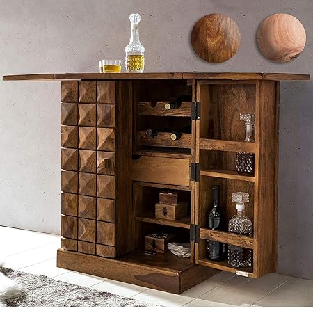 Riddhi Siddhi Home Decor Sheesham Wood Stylish Bar Cabinet for Living Room with Wine Glass Storage| Teak Finish