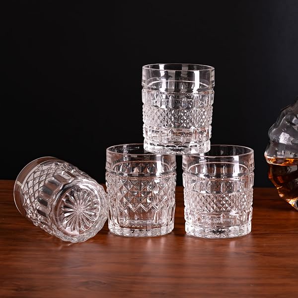 HYGLAZELLE WHISKEY GLASSES SET OF 4 WITH LUXURY BOX, 10OZ OLD FASHIONED WHISKEY GLASSES GIFT FOR COCKTAILS RUM COGNAC BOURBON LIQUOR ROCKS GLASSES MEN GIFT(MIXED)