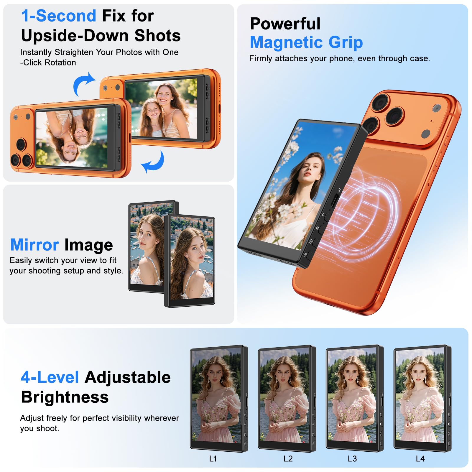 RRWKJ Vlog Screen Selfie Monitor,Wireless Mini Monitor for iPhone/Android Rear Camera with Magnetic Phone Clip Mount,Phone Rear Camera for Selfie Vlog Live Streaming on TikTok,YouTube,Instagram（Black）