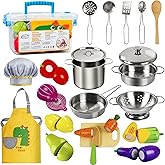 Sundaymot Play Kitchen Accessories, Wooden Play Food, Cooking Set with Stainless Steel Cookware Pots and Pans Utensils, Apron, Chef Hat, ​Cutting Food Kitchen Playset for Girls and Boys