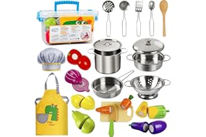 Sundaymot Play Kitchen Accessories, Wooden Play Food, Cooking Set with Stainless Steel Cookware Pots and Pans Utensils, Apron, Chef Hat, ​Cutting Food Kitchen Playset for Girls and Boys