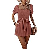 CCTOO Womens Rompers Smocked High Waist Ruffle Sleeves Short Outfits Jumpsuits with Belt