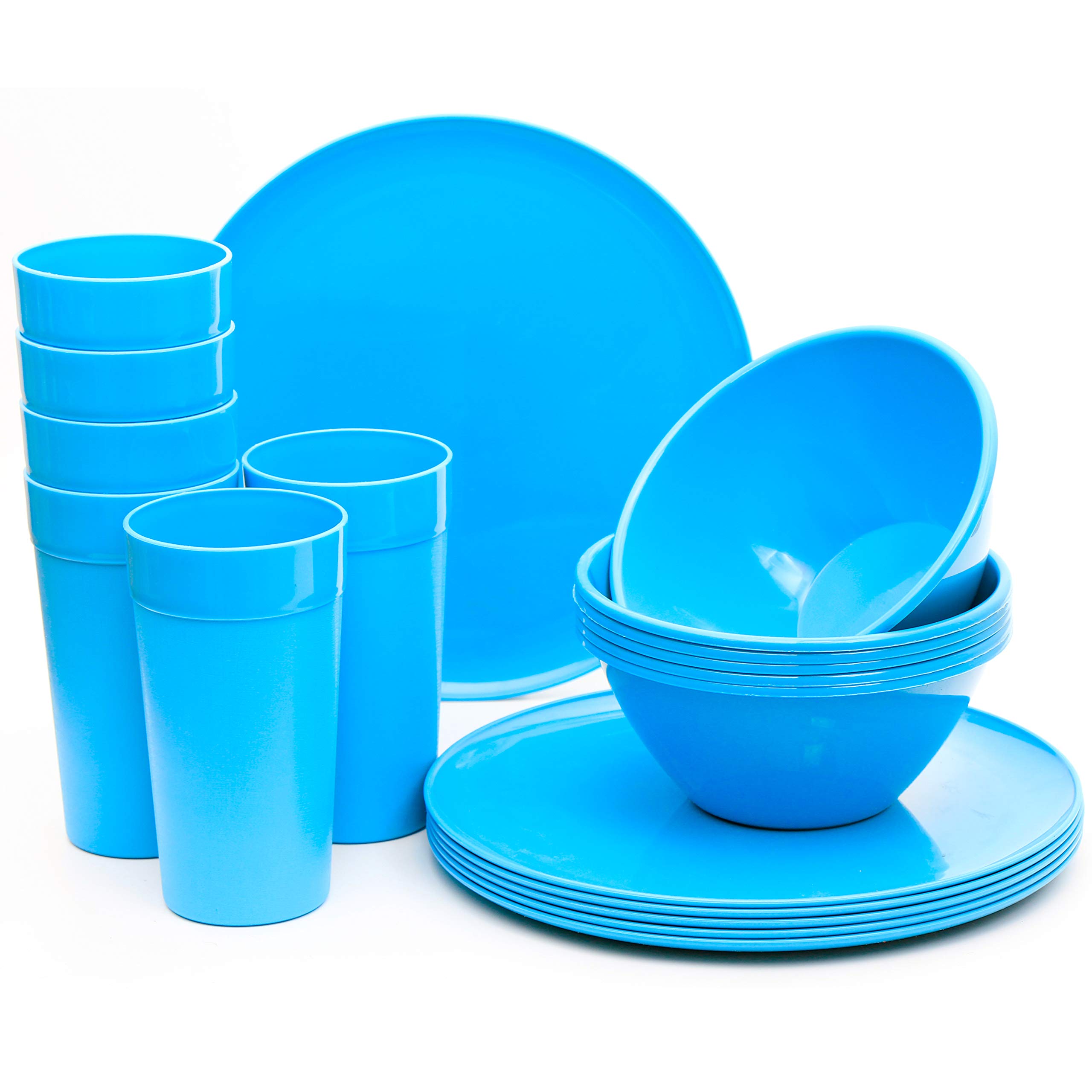 Youngever 18 Piece Re-usable Plastic Kitchen Dinnerware Set, Plates, Dishes, Bowls, Cups, Service for 6 in Assorted Colors (Blue)