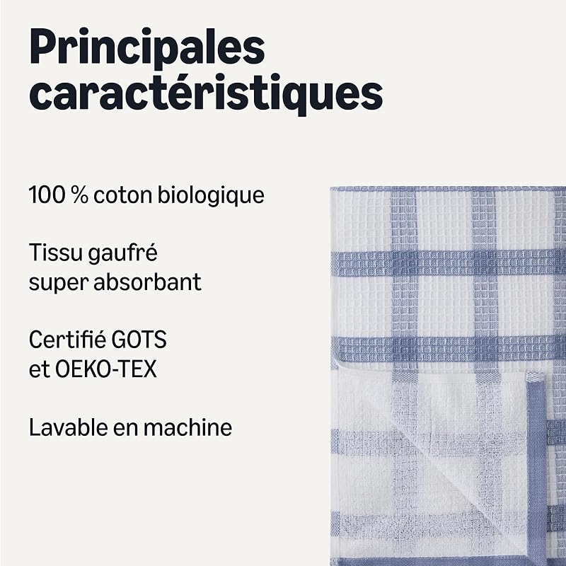 Torchons de Cuisine en 100% Coton Bio Gaufré - Ultra Absorbants, Séchage Rapide, sans Peluches, 38 x 64 cm, Lot de 6 (Assortis Bleu Marine, Blanc) — photo 2 sur 5