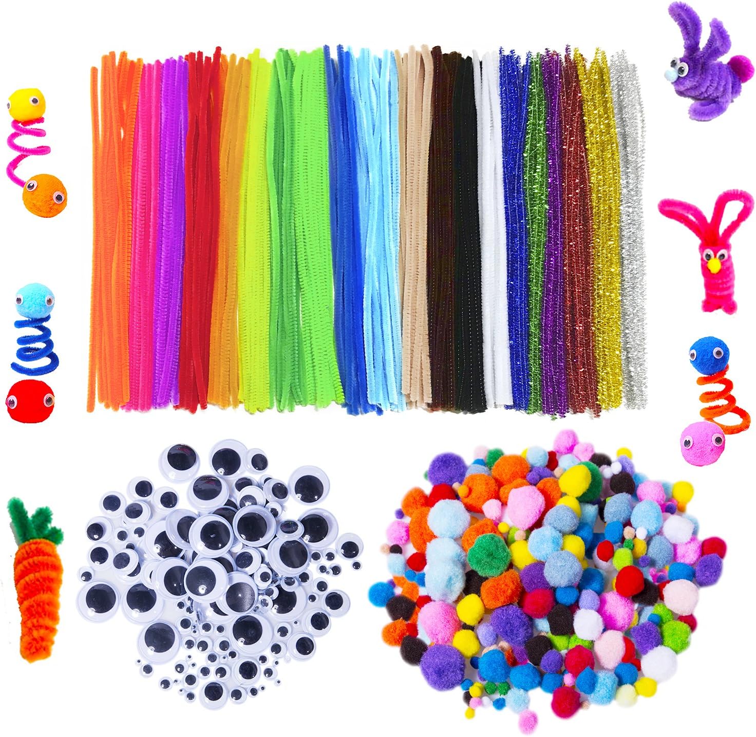 Acerich 600 Pcs Assorted Colors Pipe Cleaners Set, Including 200 Pcs 20 Colors Craft Chenille Stems, 150 Pcs 6 Size Wiggle Googly Eyes and 250 Pcs Multi Sized Pompoms for DIY Art Supplies