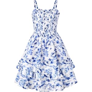 GRACE KARIN Girls Summer Dress Tween Floral Sundress, Flower Girls Casual Hawaiian 2 Layerr Strap Smocked Boho Midi Dresses