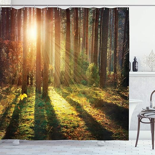 Lunarable Woodland Shower Curtain, Autumn Scenery in The Woods Misty Forest View
