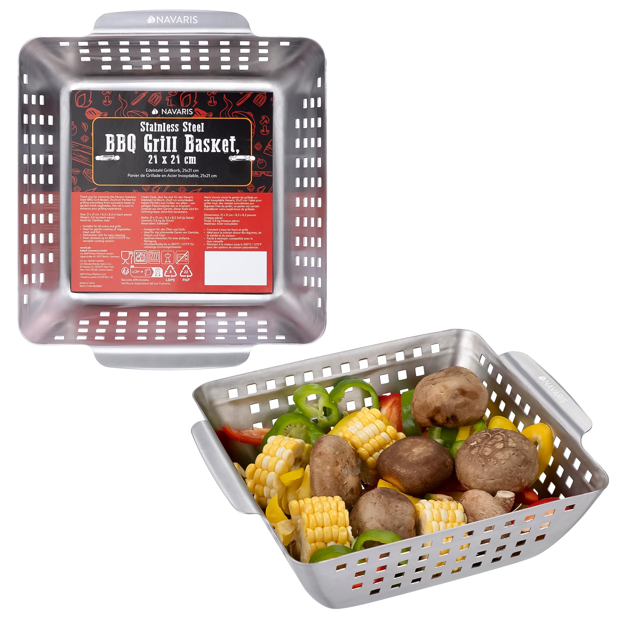 Navaris Stainless Steel BBQ Grill Basket - 21x21cm (8.3"x8.3") BBQ Grill Pan w Heavy-Duty Design & Perfect Heat Distribution for Best Results - Easy to Use & Clean for Any Griller