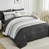 Drucon Black and Grey Comforter Set King Size 7 Piece Bed in a Bag, Boho Striped Bedding Set, Soft Microfiber Comforter and Sheet Set for All Season (King, 104"x90")