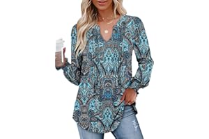 onlypuff Womens V Neck Tunic Tops Puff Long Sleeve T-Shirt Pleated Fashion Blouse Shirts S-3XL
