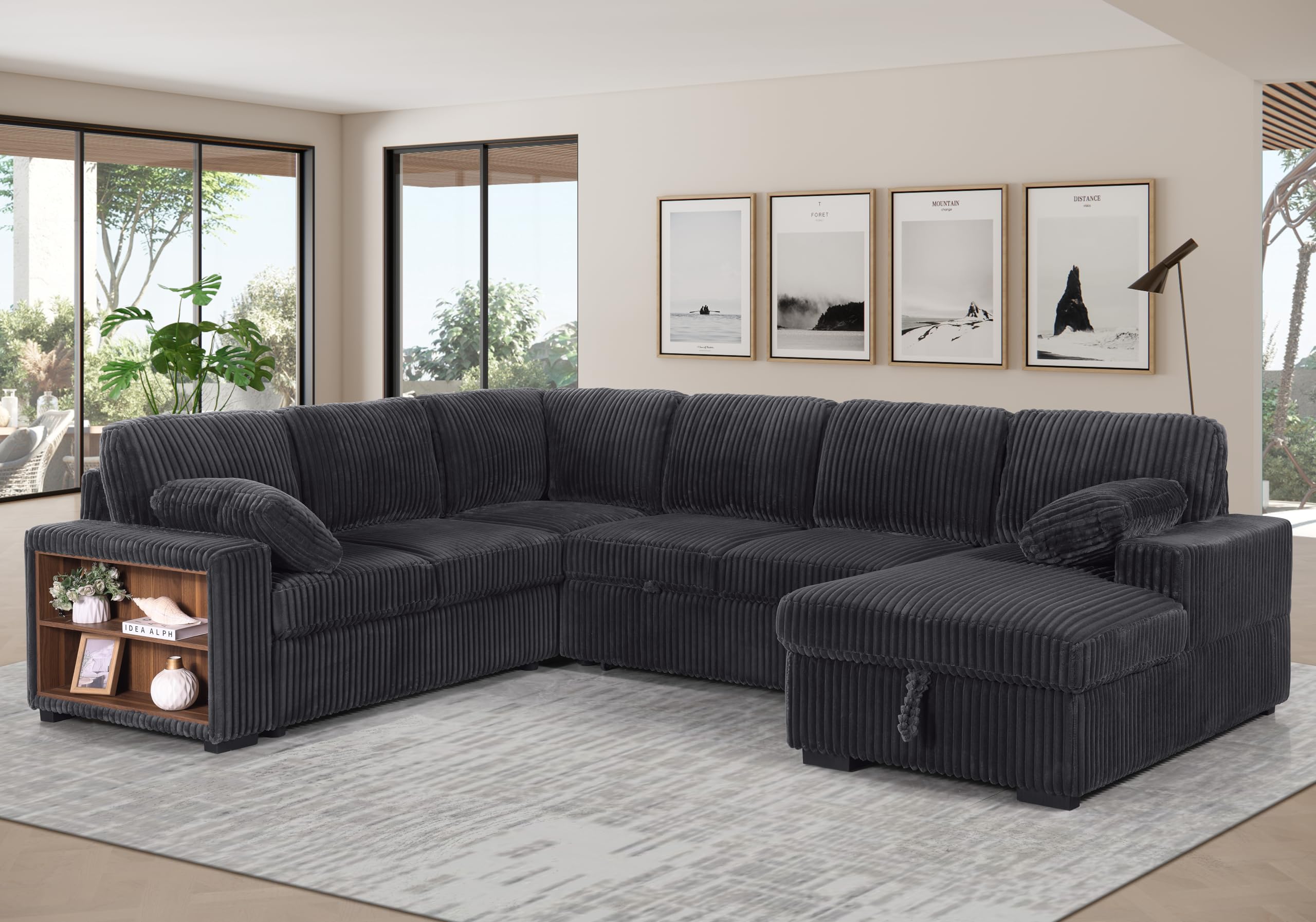 Photo 1 of Oversized U-Shaped Sleeper Sectional Sofa Modern Fluffy Corduroy Corner Convertible Sofa with Pull Out Sleeper Couch Bed ,Storage Left Chaise, Open Cabinet and Pillows for Living Room Furniture Sets