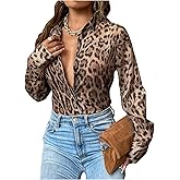 SweatyRocks Women's Leopard Printed Blouses Long Sleeve Button Down Shirts Tops