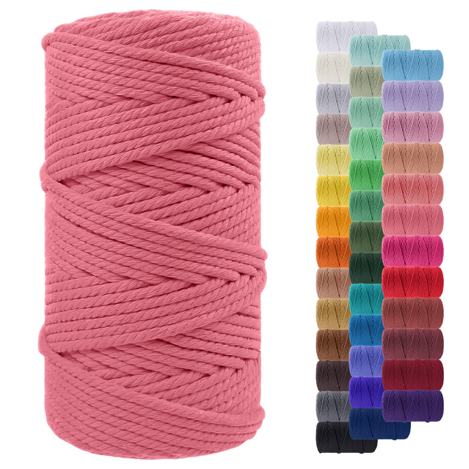LEREATI Macrame Cord 5mm x 100m, Thick Macrame Rope Yarn Natural Cotton Cord, 4 Strand Twisted Colored String for Wall Hanging Plant Hanger DIY Crafts Boho Decor (Watermelon Pink)