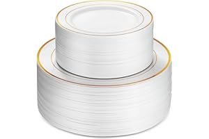 Munfix 100 Piece Plastic Party Plates White Gold Rim, 50 Premium Heavy Duty 10.25 Inch Dinner Plates and 50 Disposable 7.5 Inch Dessert Appetizer Elegant Fancy Heavy Duty Wedding Plates
