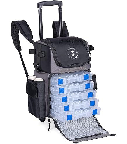 'Recon' Rolling Fishing Backpack, Tackle Box Storage Bag - Non-Corrosive Fishing Tackle Bag with (5X) 3650 Boxes