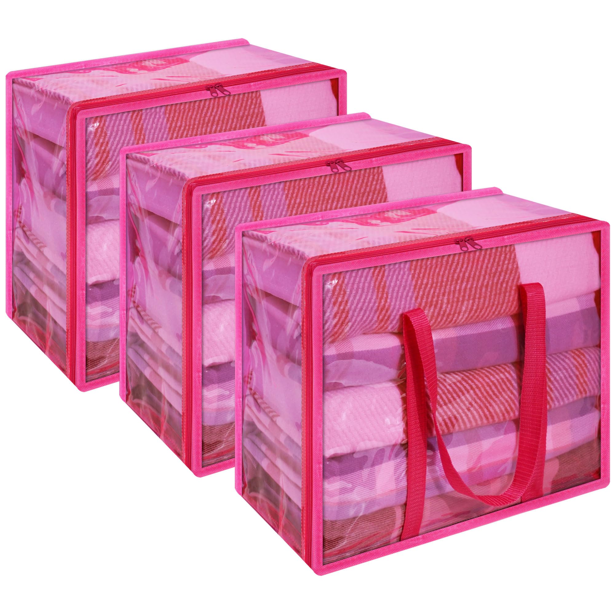 Vieshful 3 Pack Clear Storage Bags Clothes Storage Bags with Zips 90L Transparent Underbed Storage for Clothing, Blankets, Duvet, Pillow, Pink