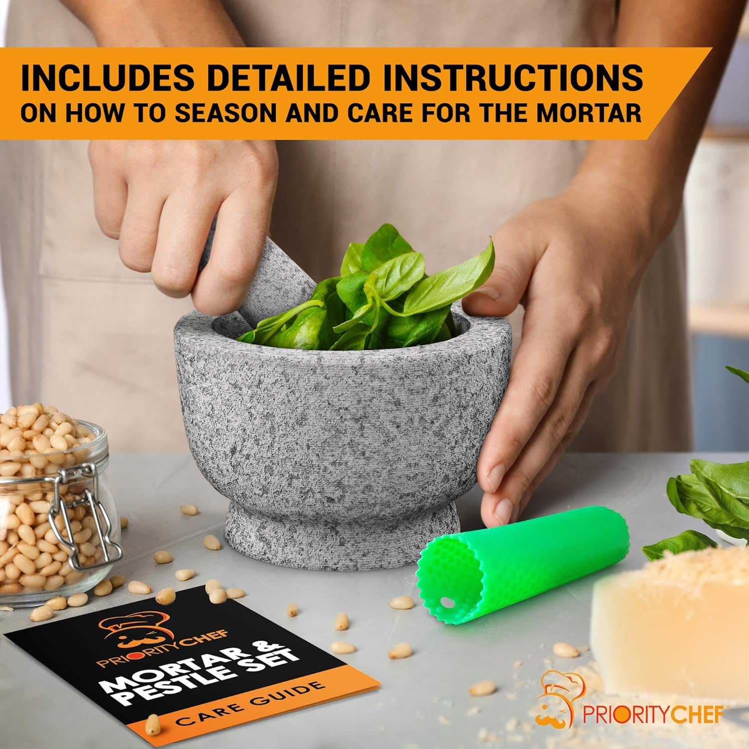 PriorityChef Mortar and Pestle Set - 100% Natural 2 Cup Unpolished Granite - Grind, Crush & Mash Spices and More - Easy to Use & Clean - Solid Stone Mortar and Pestle Large: Kitchen & Dining