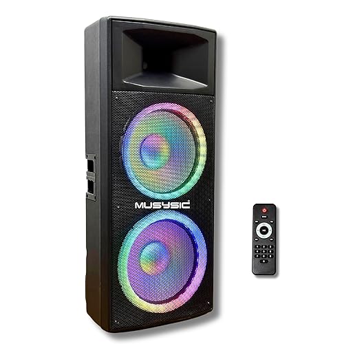 MUSYSIC Portable PA Speaker System w/Bluetooth – Built in 4000W PMPO  Amplifier with LED Party Lights Bluetooth, FM, USB, SD 1/4“Inputs PA System  – X