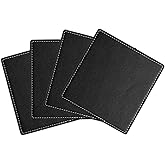 uxcell Square Drink Coasters Set of 4 White Stitched Dual Sided Non-Slip Non-Stick Waterproof Leather Coasters for Drinks, Coffee Table, Housewarming Gifts, Home Decor 4"×4" Black